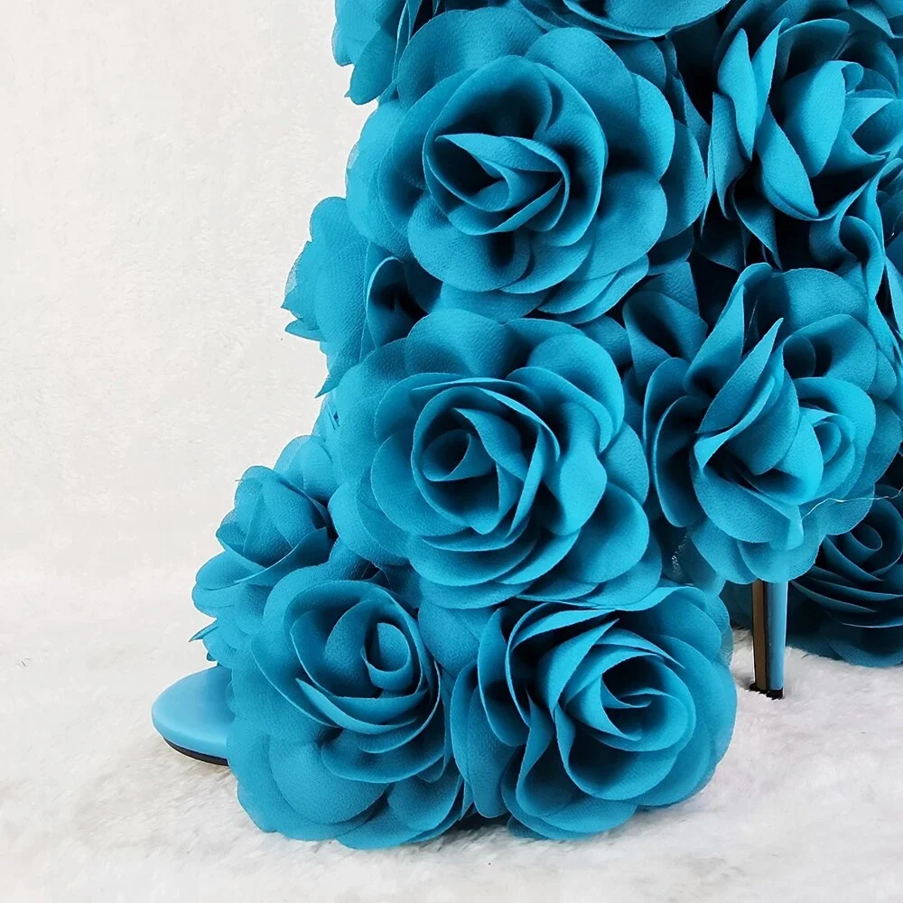 NIB Beauty 3D Flowers Floral High Heel Xoanna Elegant Ankle Boots Teal Blue - Picture 11 of 16